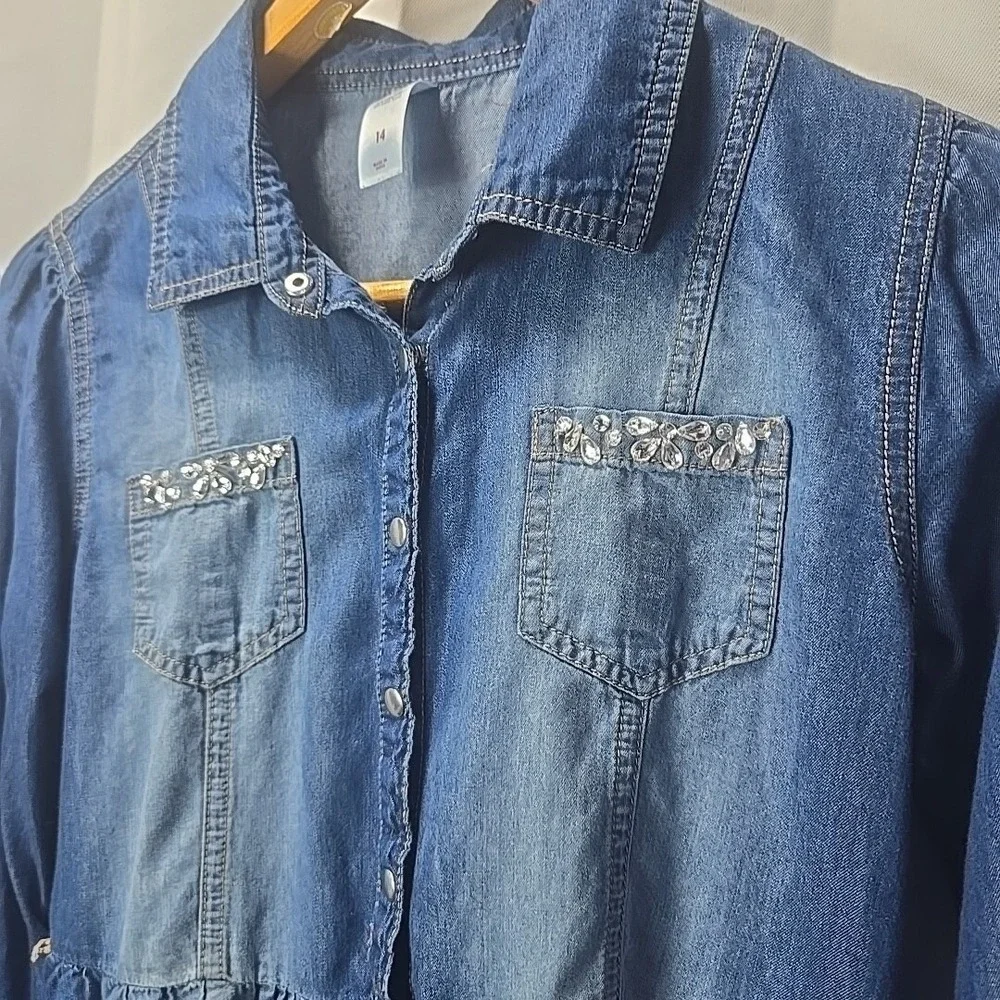 Justice Denim Shirt Dress Girls Size 14 Blue Rhinestone Embellished Long Sleeve